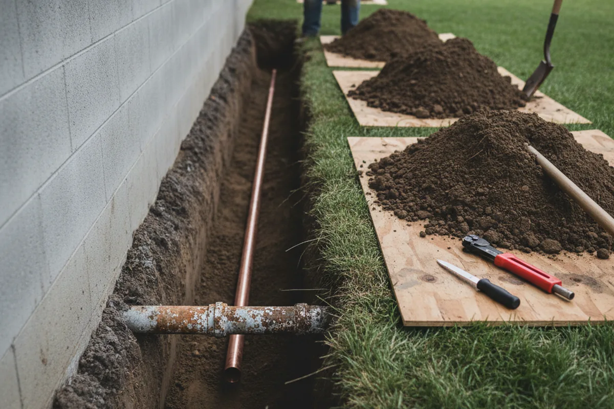 Excavated water line trench during Sewer Line Repair in Belvidere